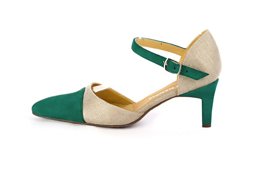 Women's emerald green and gold open side dress shoes, with an instep strap. Tapered toe. Medium comma heels - Profile view